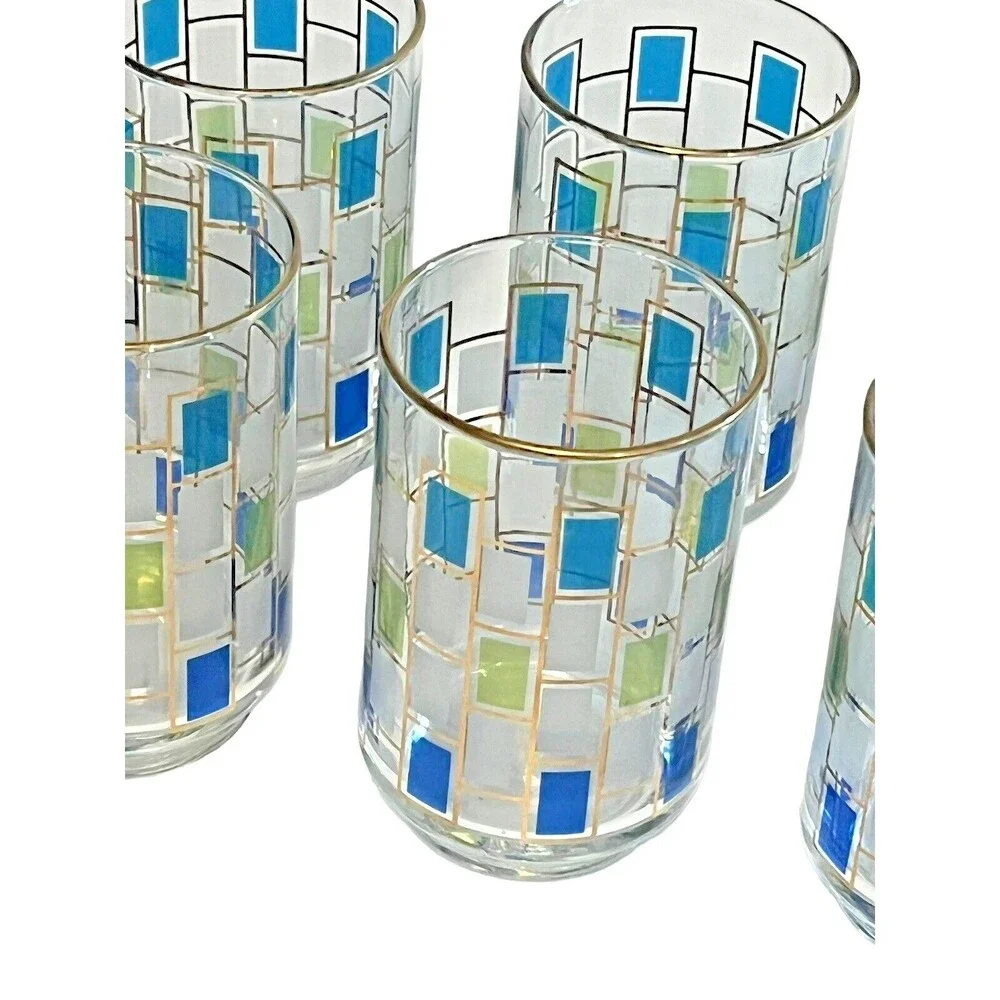 Vintage Mid Century Libbey Juice Cocktail Glasses Nordic Pattern W/Gold Trim